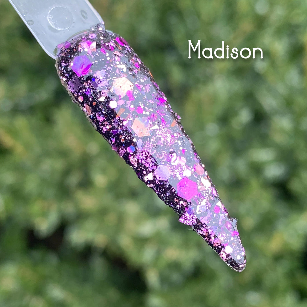Madison-   Black, Purple, Lavender Glitter, Foil and Flakes Nail Dip Powder