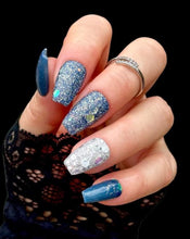 Load image into Gallery viewer, Denim &amp; Diamonds- Blue, White, and Silver Glitter Nail Dip Powder
