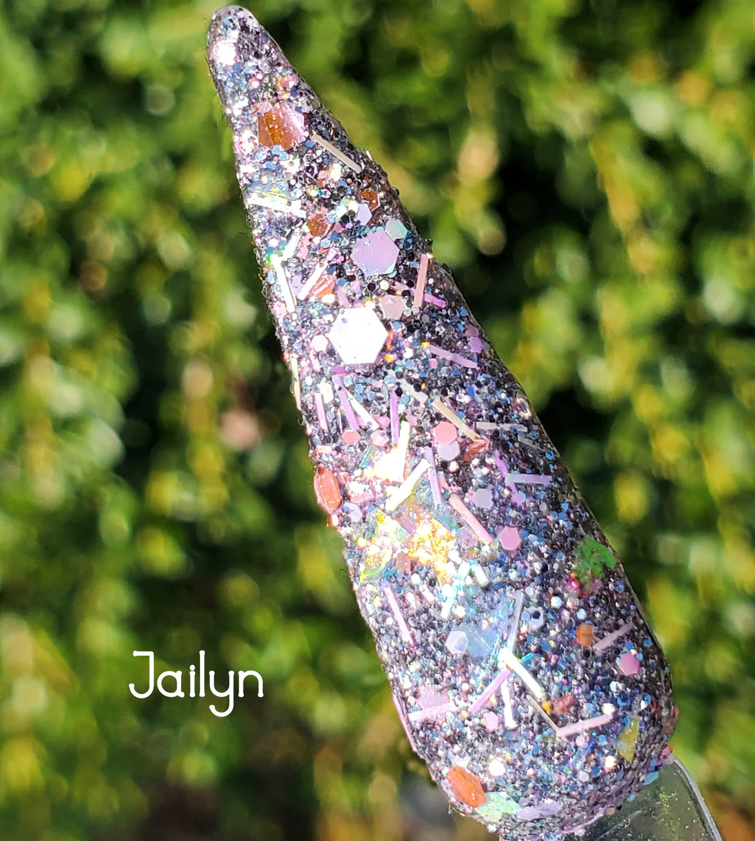 Jailyn- Gray, Pink, Lavender, Blue Glitter, Flakes, Tinsel Nail Dip Powder