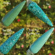 Load image into Gallery viewer, Tia-  Green, Teal, Gold Chunky Glitter Nail Dip Powder
