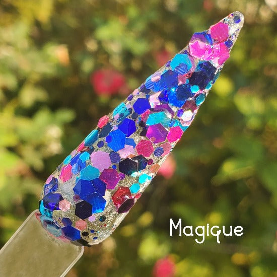 Magique- Blue, Magenta, Purple, Indigo, Pink Chunky Glitter Nail Dip Powder