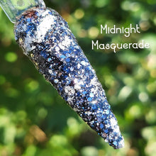 Load image into Gallery viewer, Midnight Masquerade- Black, Navy ,Gunmetal, and Silver Nail Dip Powder
