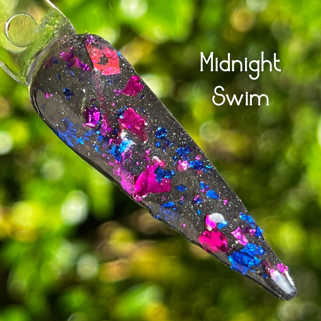 Midnight Swim-Black, Magenta, Purple and Blue Foil/Flake Dip Powder