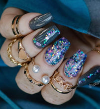Load image into Gallery viewer, With Belles On-Black, Purple, Blue, Aqua Flakes Nail Dip Powder
