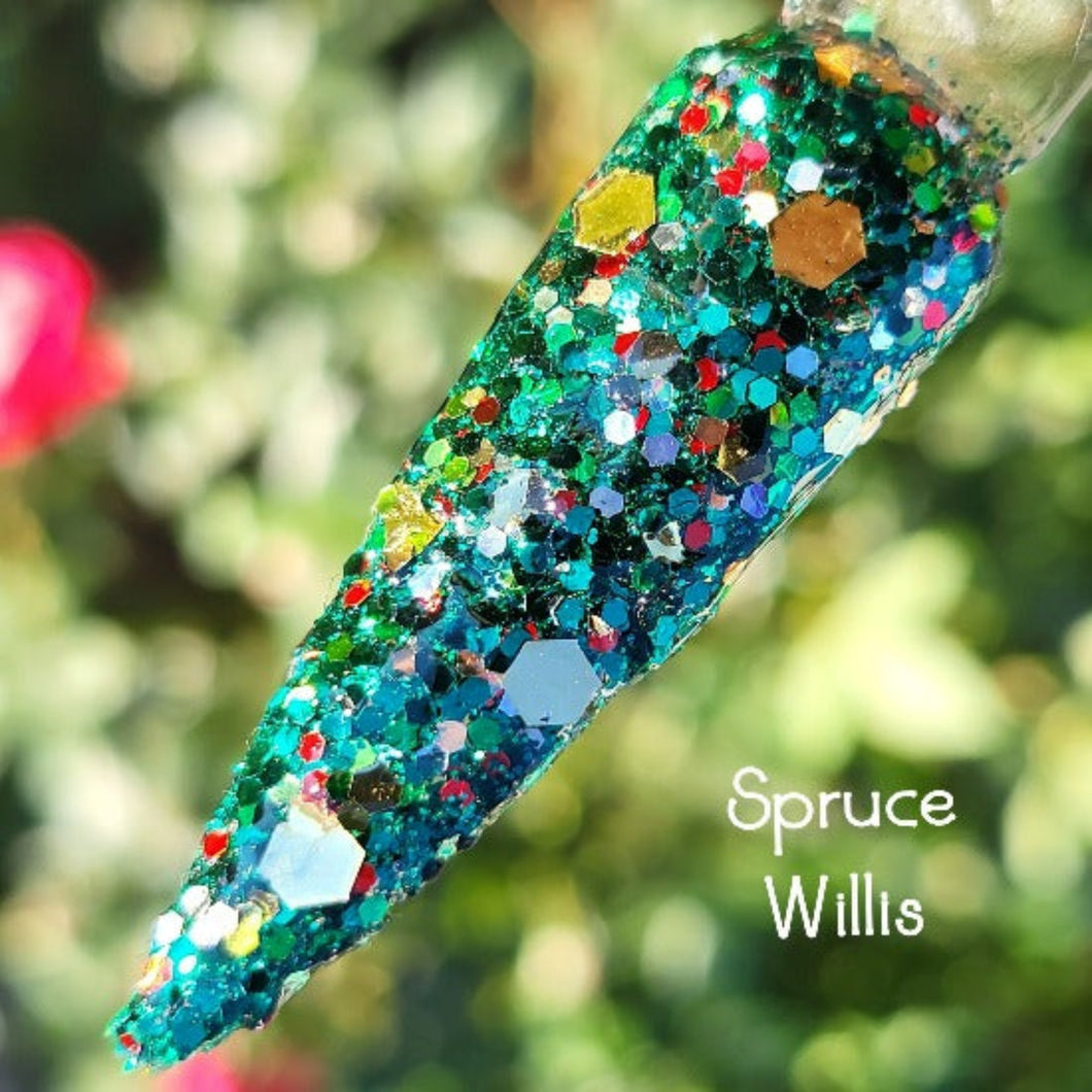 Spruce Willis- Dark Green, Gold and Red Glitter Nail Dip Powder