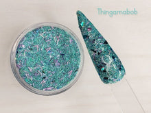 Load image into Gallery viewer, Thingamabob- Aqua and Purple Flakes, Tinsel Nail Dip Powder

